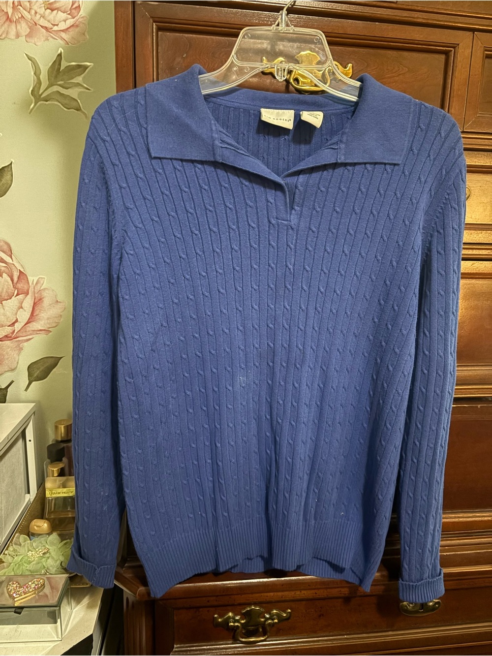 Blue Cable-Knit Polo Sweater